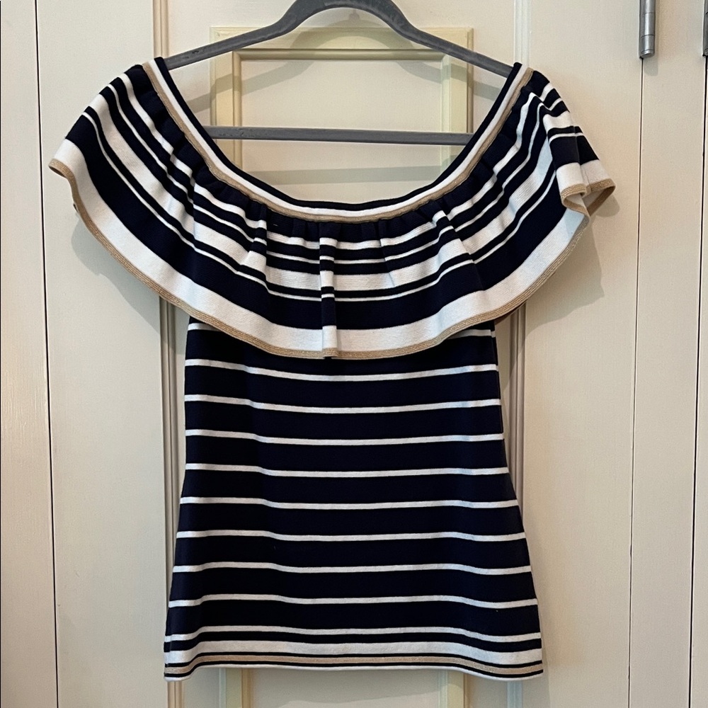 Navy and White Striped Off-Shoulder Sweater